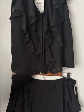 BNWT ZARA Black Ruffle Semi-Sheer Top Mini Skort Set Small